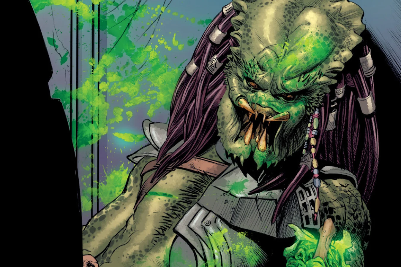 The unmasked Hook Predator gasping in pain with glowing green blood running down his body in Alien vs. Predator: Thicker Than Blood