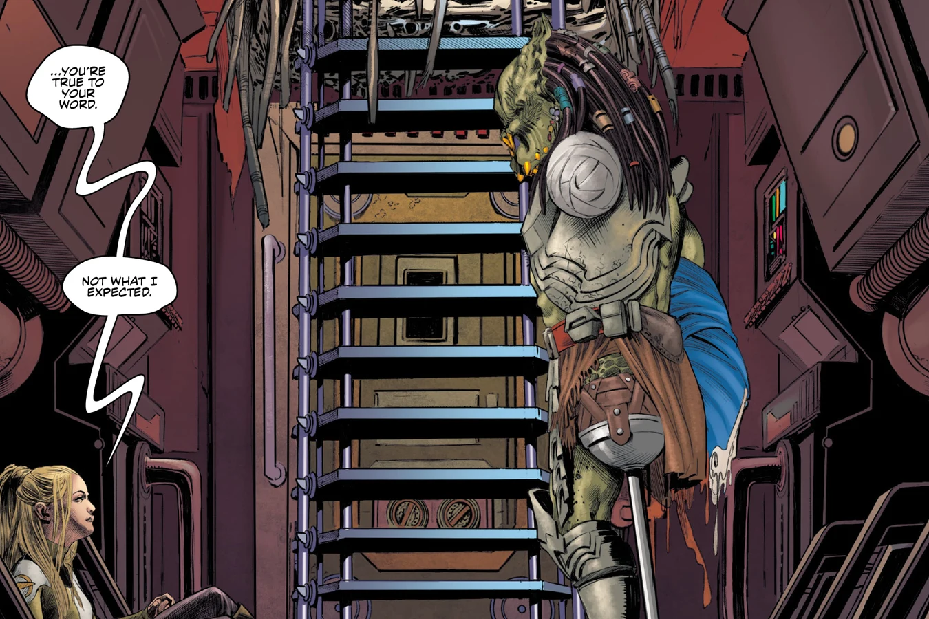 Hook Predator carrying the injured Tyler down a ladder past Maria in Alien vs. Predator: Thicker Than Blood