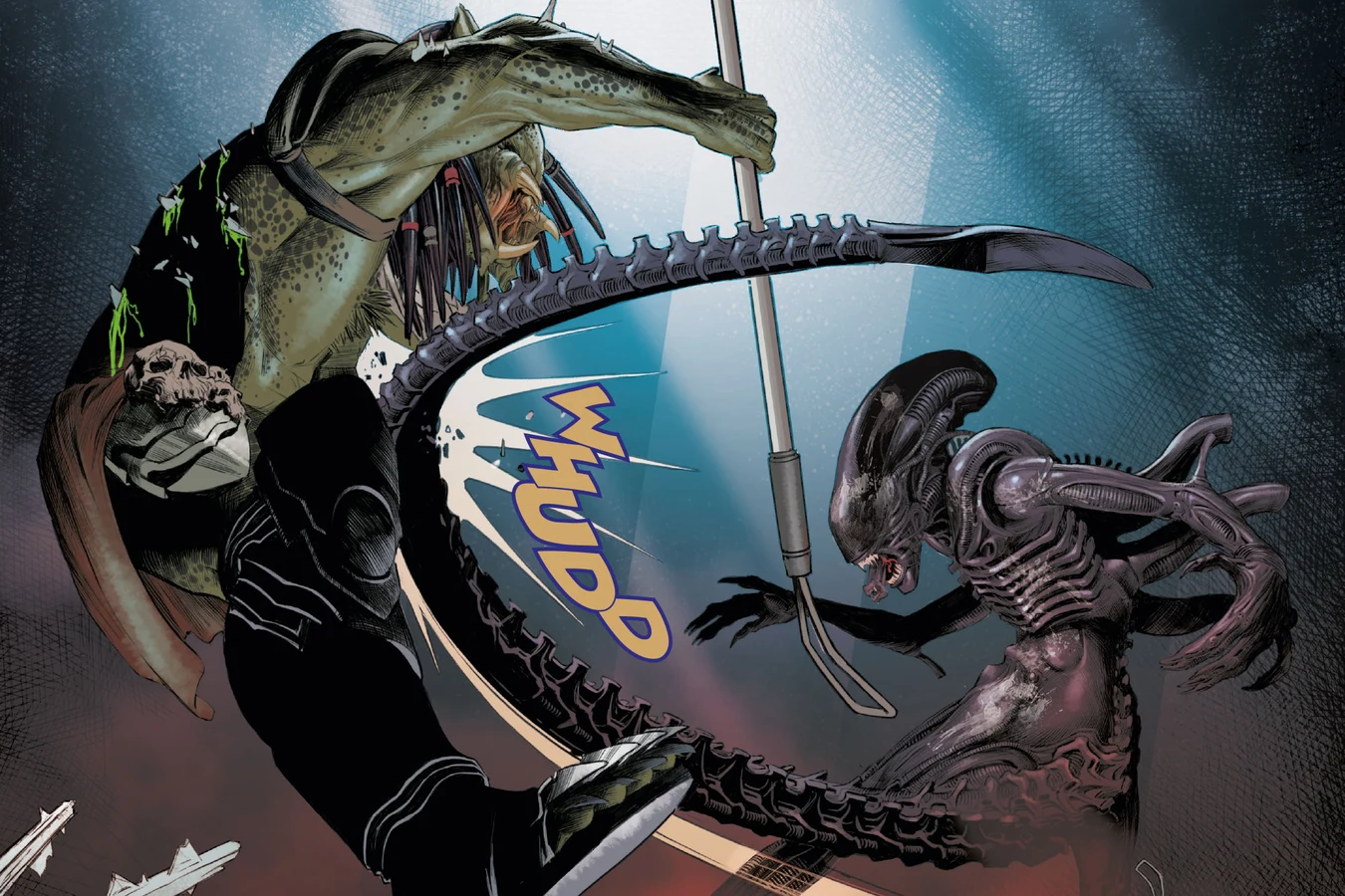Hook Predator kicking the Xenomorph with his prosthetic leg while holding his pole staff in Alien vs. Predator: Thicker Than Blood