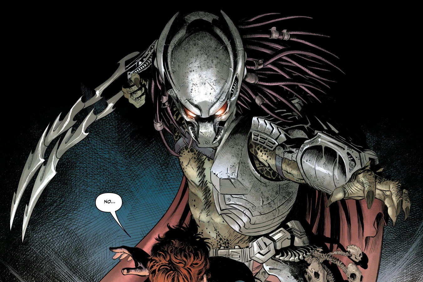 The masked Hook Predator looming over the father of Tyler and Maria with his hooked wrist blades raised in Alien vs. Predator: Thicker Than Blood