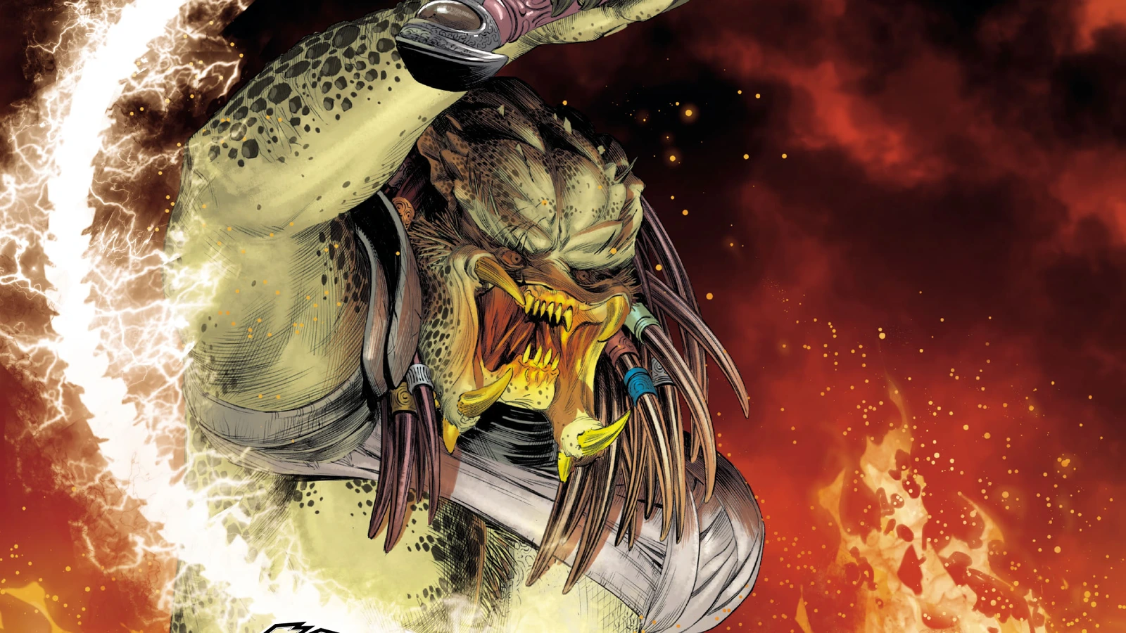 Hook Predator raising Splitter's crackling whip above his head against a wall of flames in Alien vs. Predator: Thicker Than Blood
