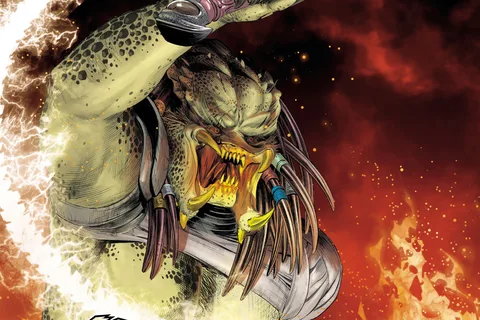 Hook Predator raising Splitter's crackling whip above his head against a wall of flames in Alien vs. Predator: Thicker Than Blood