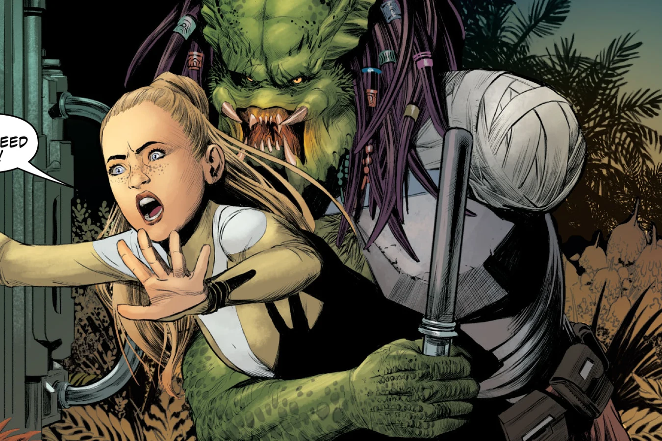 Hook Predator pulling a screaming Maria back from the geology lab in the lido garden in Alien vs. Predator: Thicker Than Blood