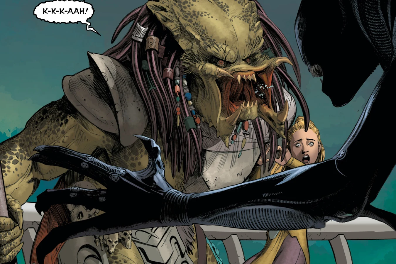 Hook Predator roaring at the Xenomorph as it reaches over the garden rail toward him and Maria in Alien vs. Predator: Thicker Than Blood
