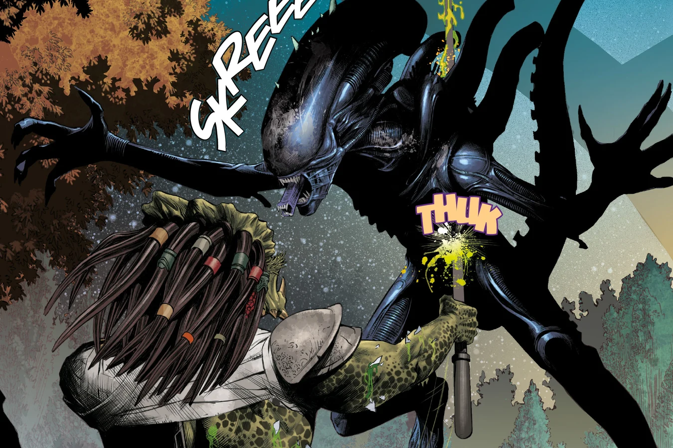 Hook Predator stabbing his pole into the chest of the Xenomorph among the trees of the lido garden in Alien vs. Predator: Thicker Than Blood