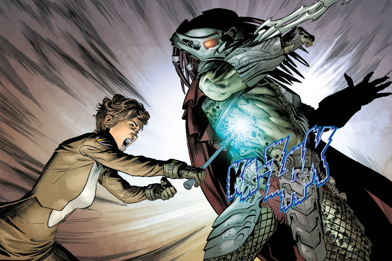 Lydia jabbing a crackling stun baton into the armored chest of Hook Predator in Alien vs. Predator: Thicker Than Blood