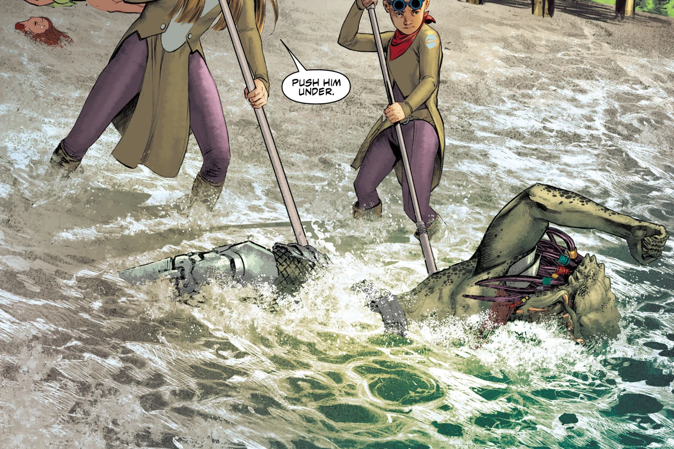 Maria and Tyler pushing the wounded Hook Predator under the surf of the lido beach with long poles in Alien vs. Predator: Thicker Than Blood