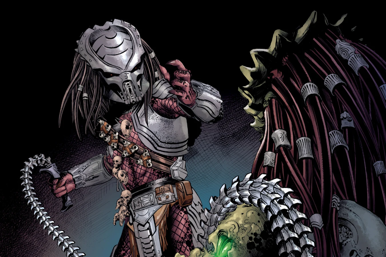 Splitter standing over his father Hook with a coiled plasma whip before cutting away his ruined limbs in Alien vs. Predator: Thicker Than Blood