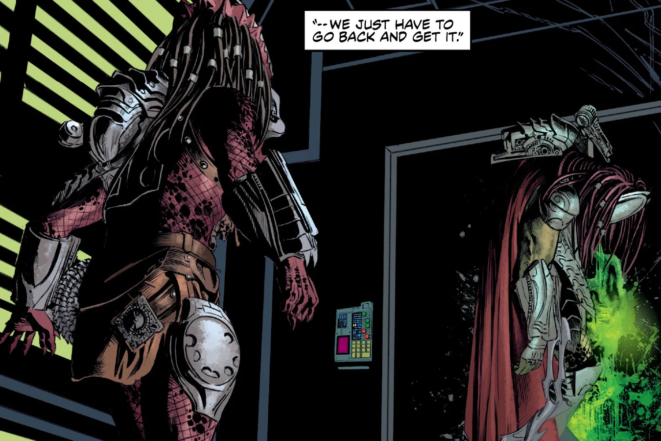 Splitter walking past the jammed lift where Hook Predator hangs trapped and bleeding green blood in Alien vs. Predator: Thicker Than Blood