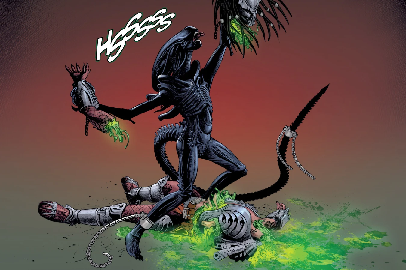 The Xenomorph holding the severed head of Splitter by its mask and dreads in Alien vs. Predator: Thicker Than Blood