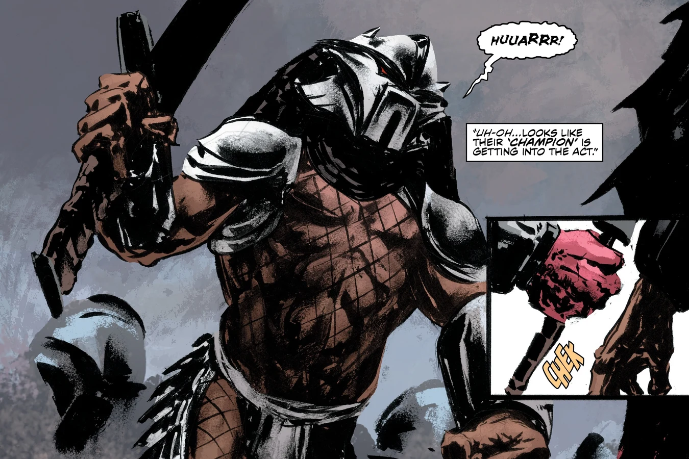 Hornhead steps forward with his weapon raised as Galgo and the Marines watch the Tartarus Clan on LV-223
