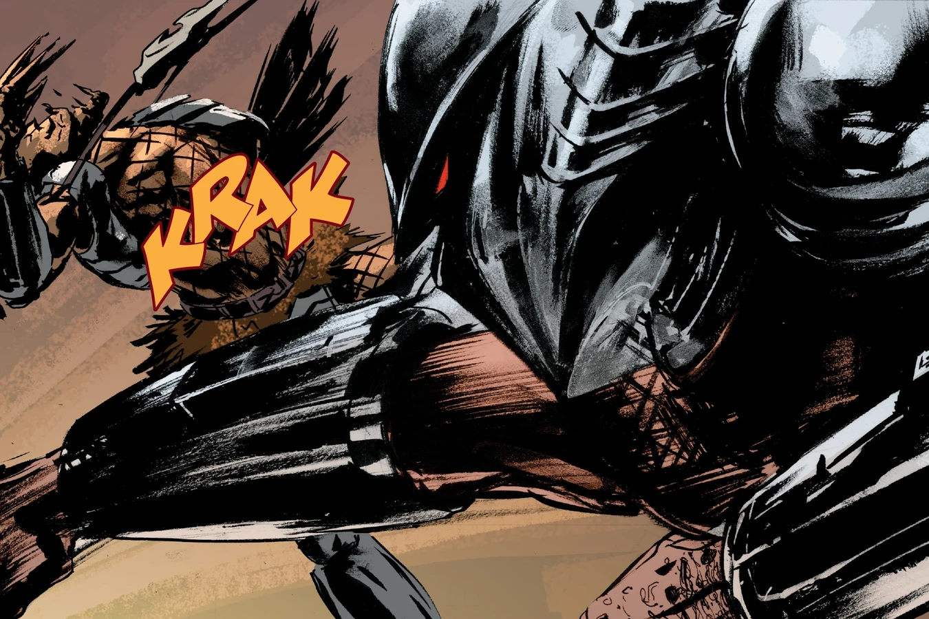 Hornhead's horned mask fills the frame as a heavy blow lands during the duel with Ahab