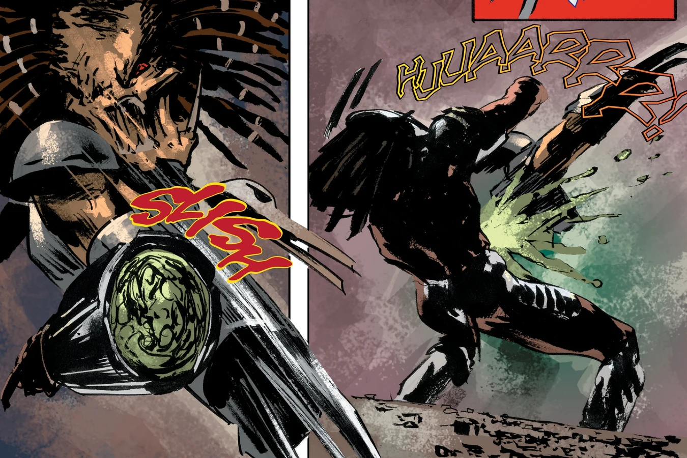 Ahab's wristblade slices through Hornhead's gauntlet and Hornhead recoils as his hand is severed