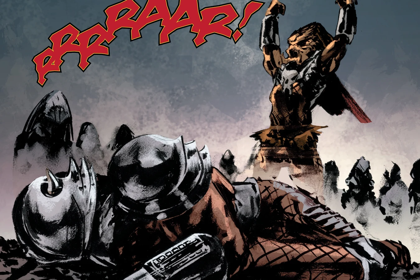 Hornhead lies dead beside his horned mask as Ahab raises his arms and roars in victory