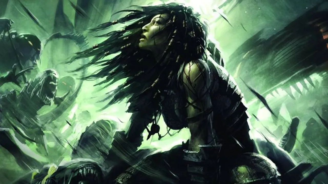 Machiko Noguchi surrounded by Xenomorphs in a green-lit battlefield