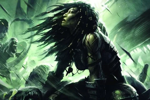 Machiko Noguchi surrounded by Xenomorphs in a green-lit battlefield