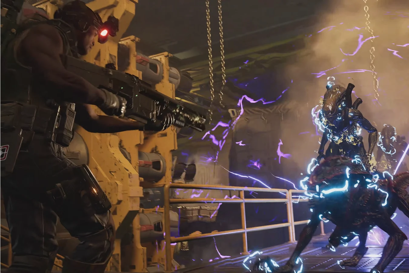 Hunter shocking Xenomorphs with electrical Arc Bolt damage