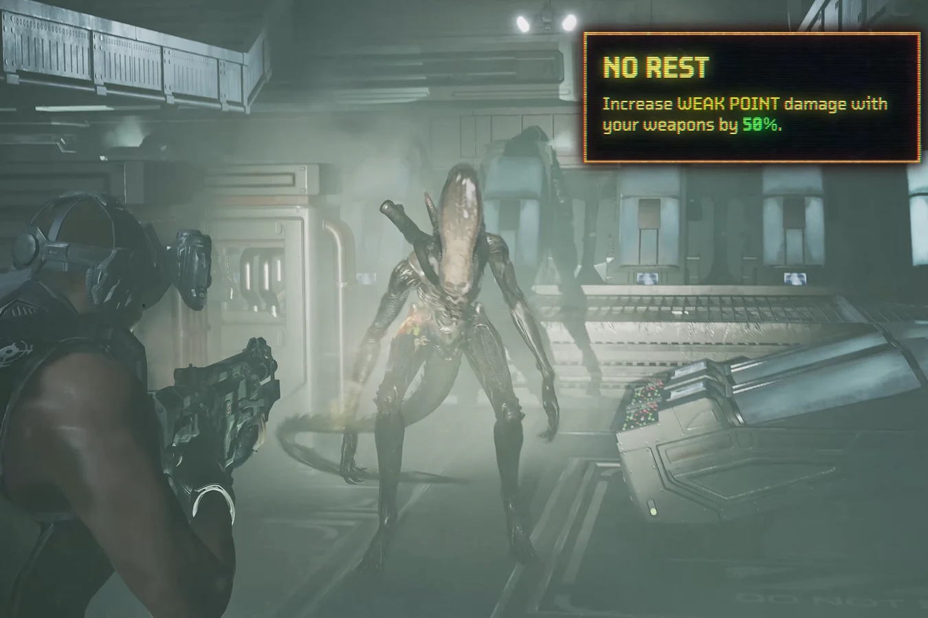 Hunter aiming at a Xenomorph with the No Rest perk tooltip visible