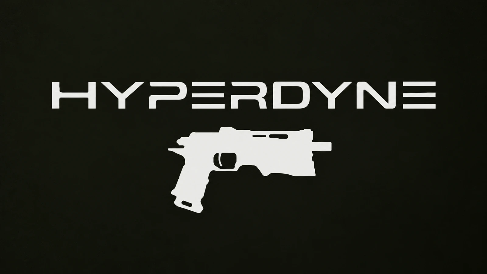 White Hyperdyne wordmark and pistol silhouette on a black field