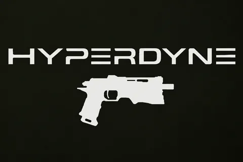 White Hyperdyne wordmark and pistol silhouette on a black field