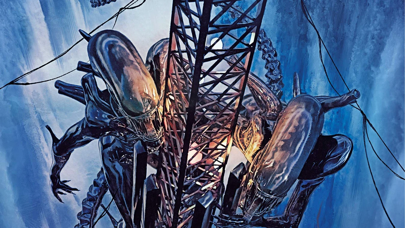 Two adult Xenomorphs on a tower at Hasanova, from the Alien: Into Charybdis cover
