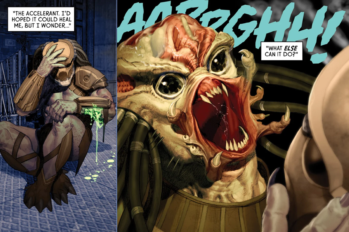 The hunter after Elden's bite, hoping the accelerant would heal him, as the mutation takes his face