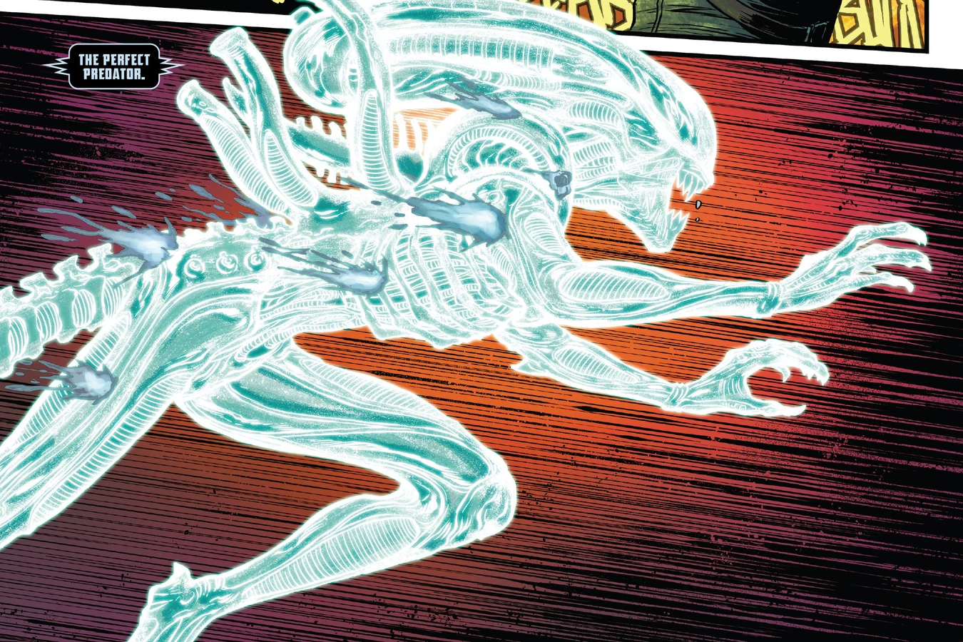 Cutter Vasquez fires a pulse rifle into a leaping irradiated Xenomorph inside Hadley's Hope in Aliens: Aftermath