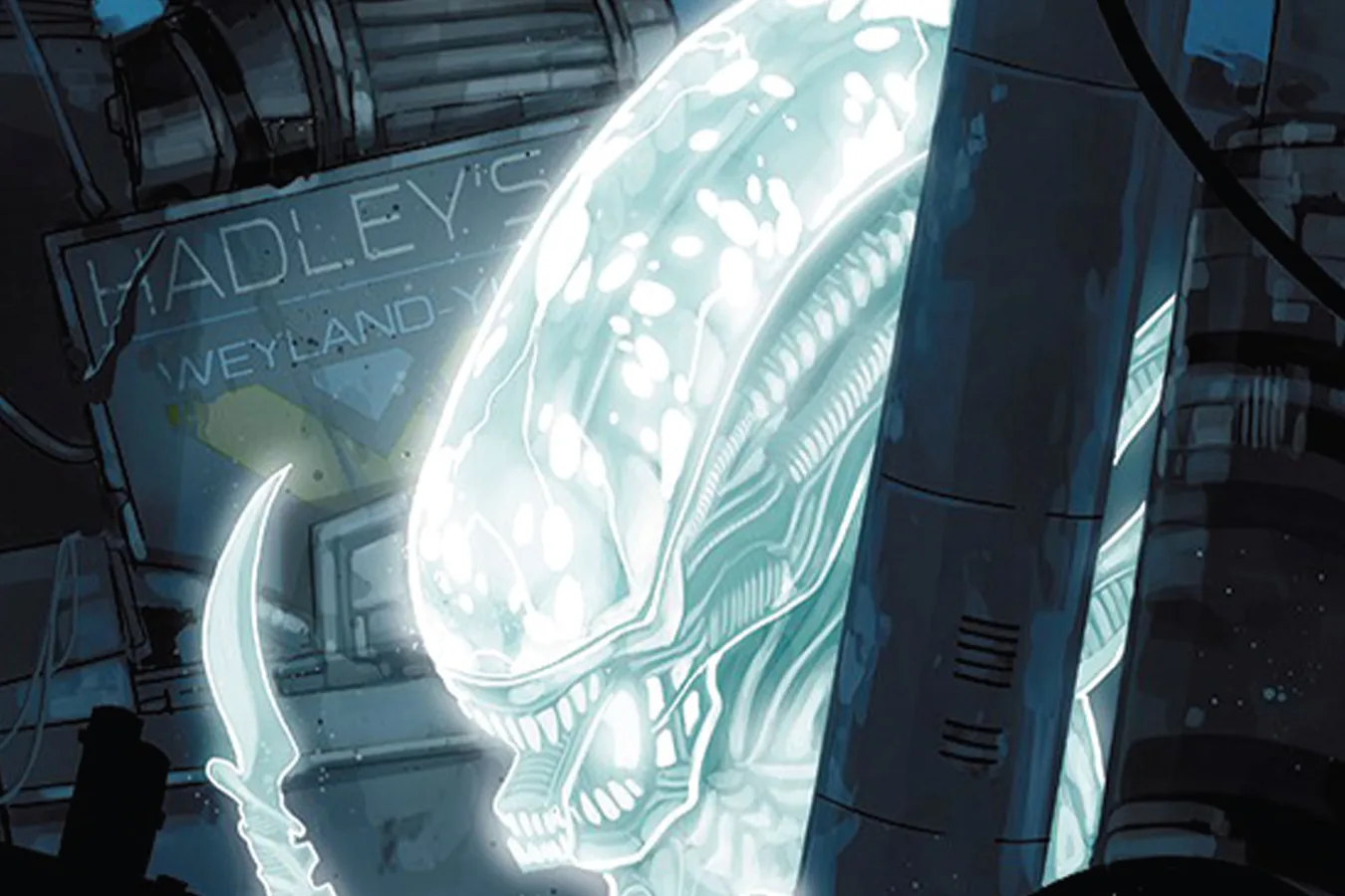 A glowing irradiated Xenomorph emerges behind grating in the ruins of Hadley's Hope in Aliens: Aftermath