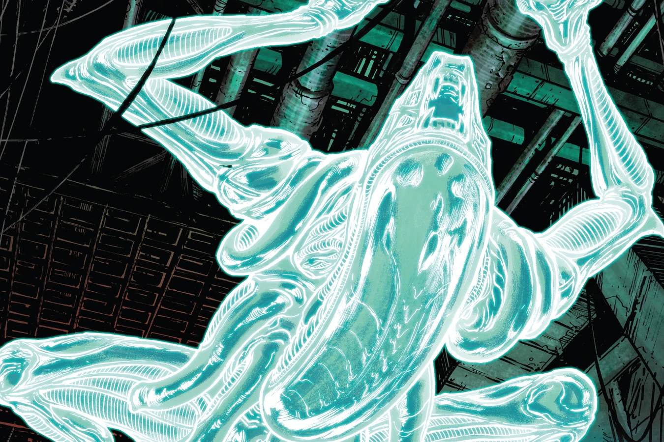 A glowing irradiated Xenomorph drops from the pipes toward Lela Rosewood inside Hadley's Hope in Aliens: Aftermath