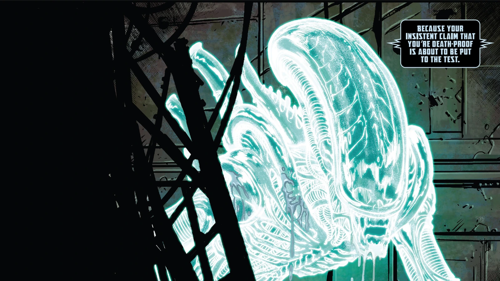 A glowing irradiated Xenomorph in the ruins of Hadley's Hope from Aliens: Aftermath