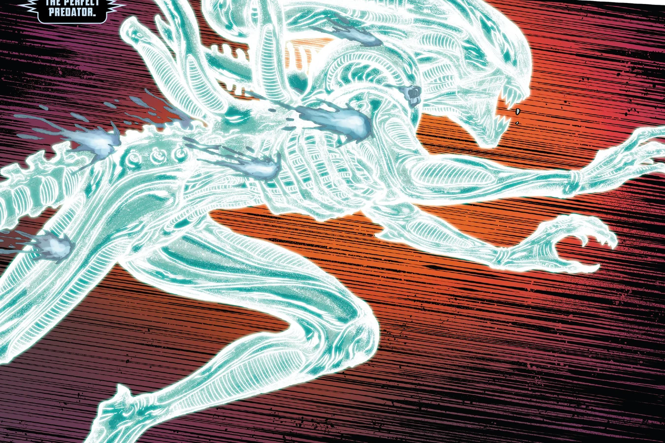 An irradiated Xenomorph leaps through pulse-rifle fire with cryogenic blood spraying from the impacts in Aliens: Aftermath