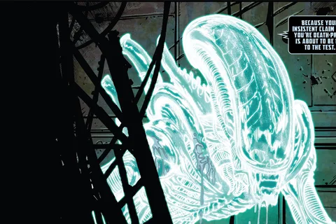 A glowing irradiated Xenomorph in the ruins of Hadley's Hope from Aliens: Aftermath