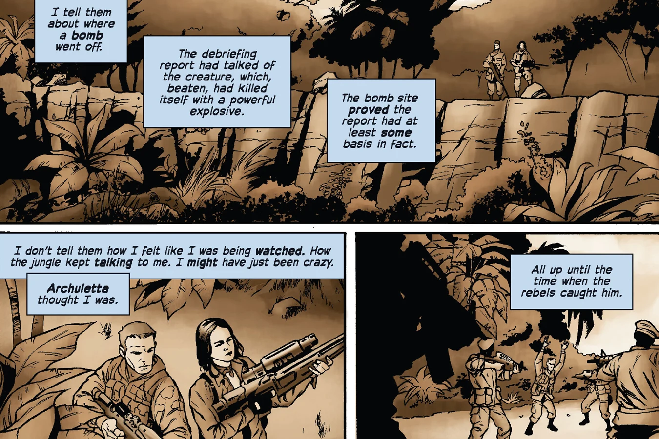Sepia comic flashback panels of two soldiers on a clifftop above the jungle bomb site, Isabelle and Archuletta moving through the jungle with rifles, and rebels capturing Archuletta