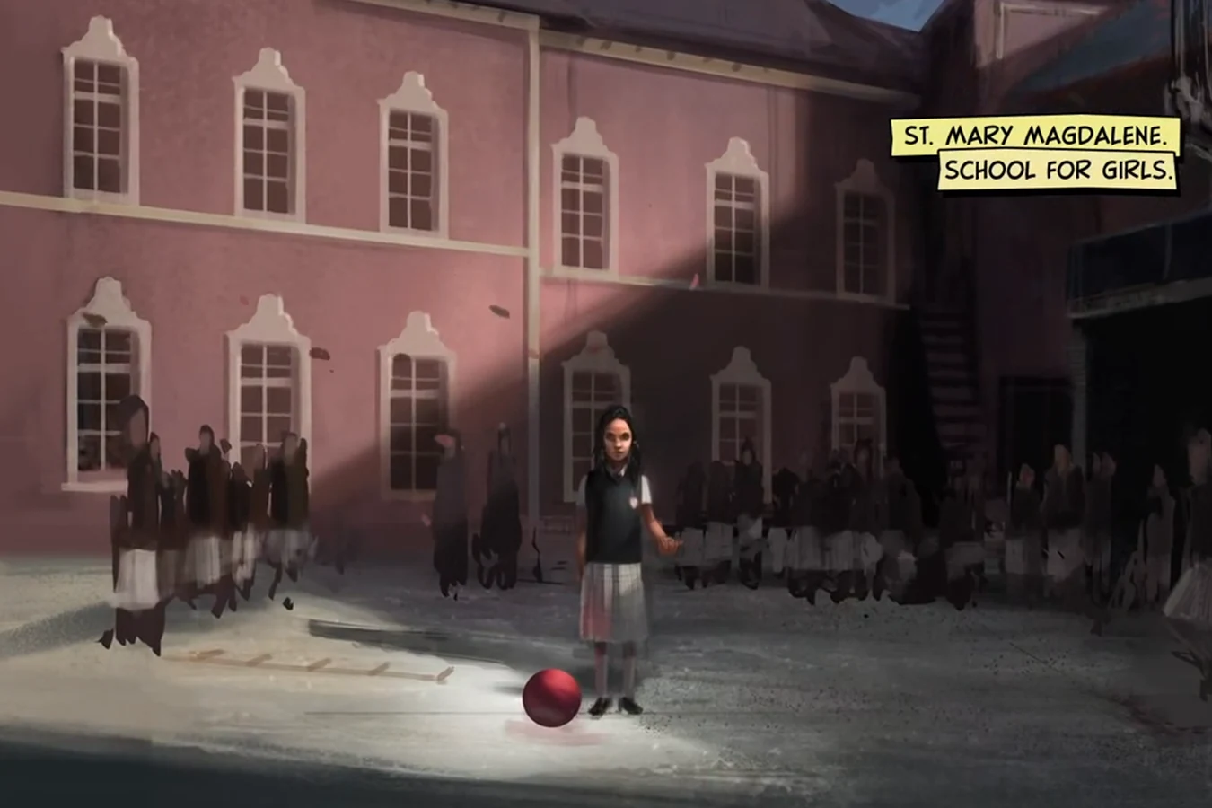 A young Isabelle standing alone in the courtyard of St. Mary Magdalene School for Girls while the other girls keep their distance