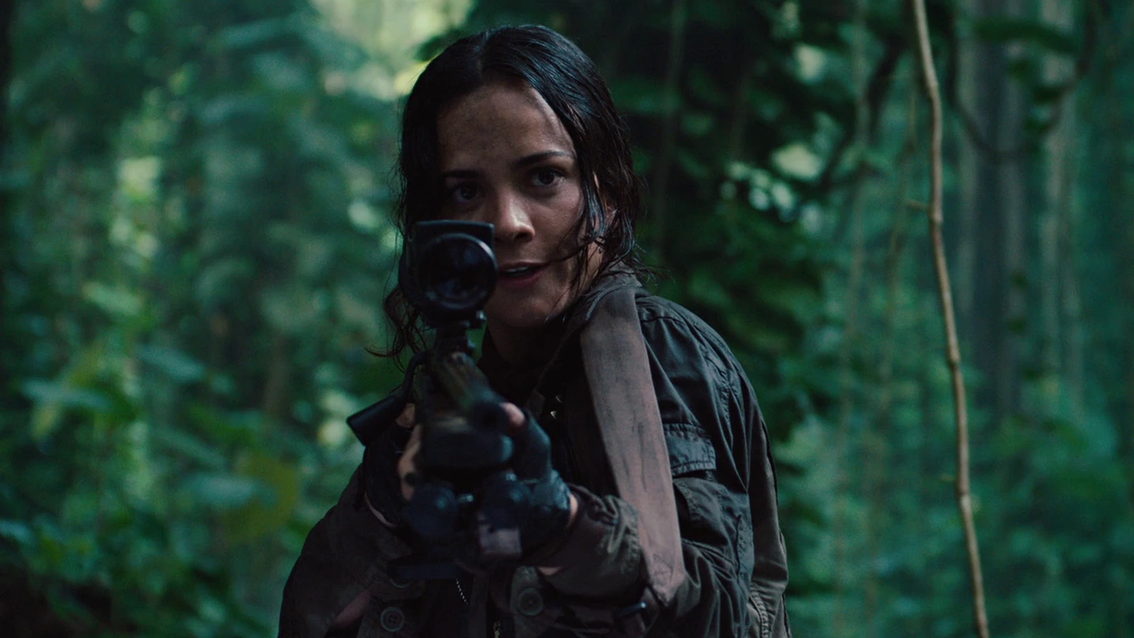 Isabelle aiming her scoped sniper rifle at the camera in a dense blue-green forest