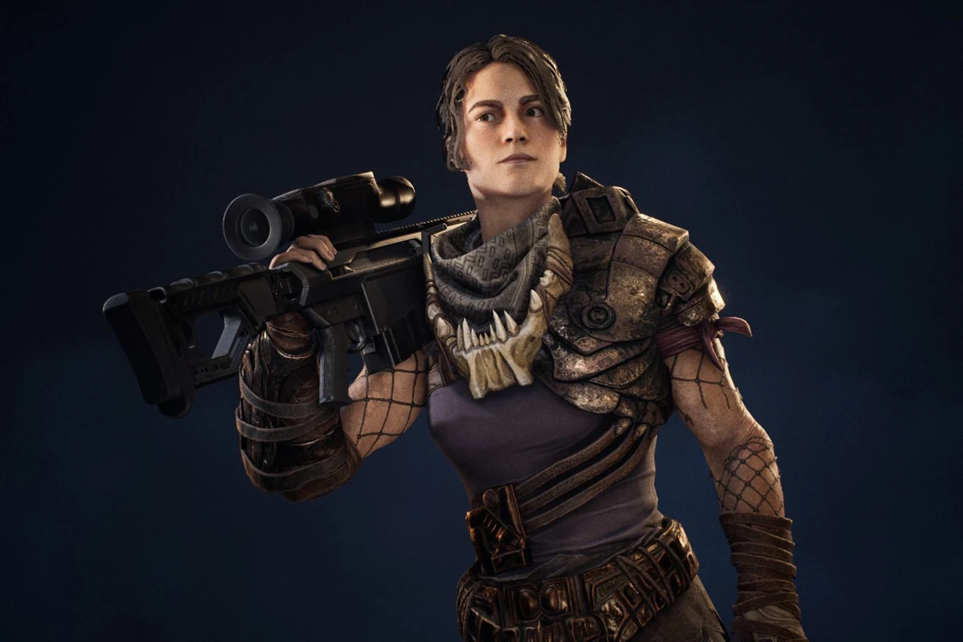 Isabelle in Predator: Hunting Grounds, holding a heavy sniper rifle and wearing armor made from Predator trophies
