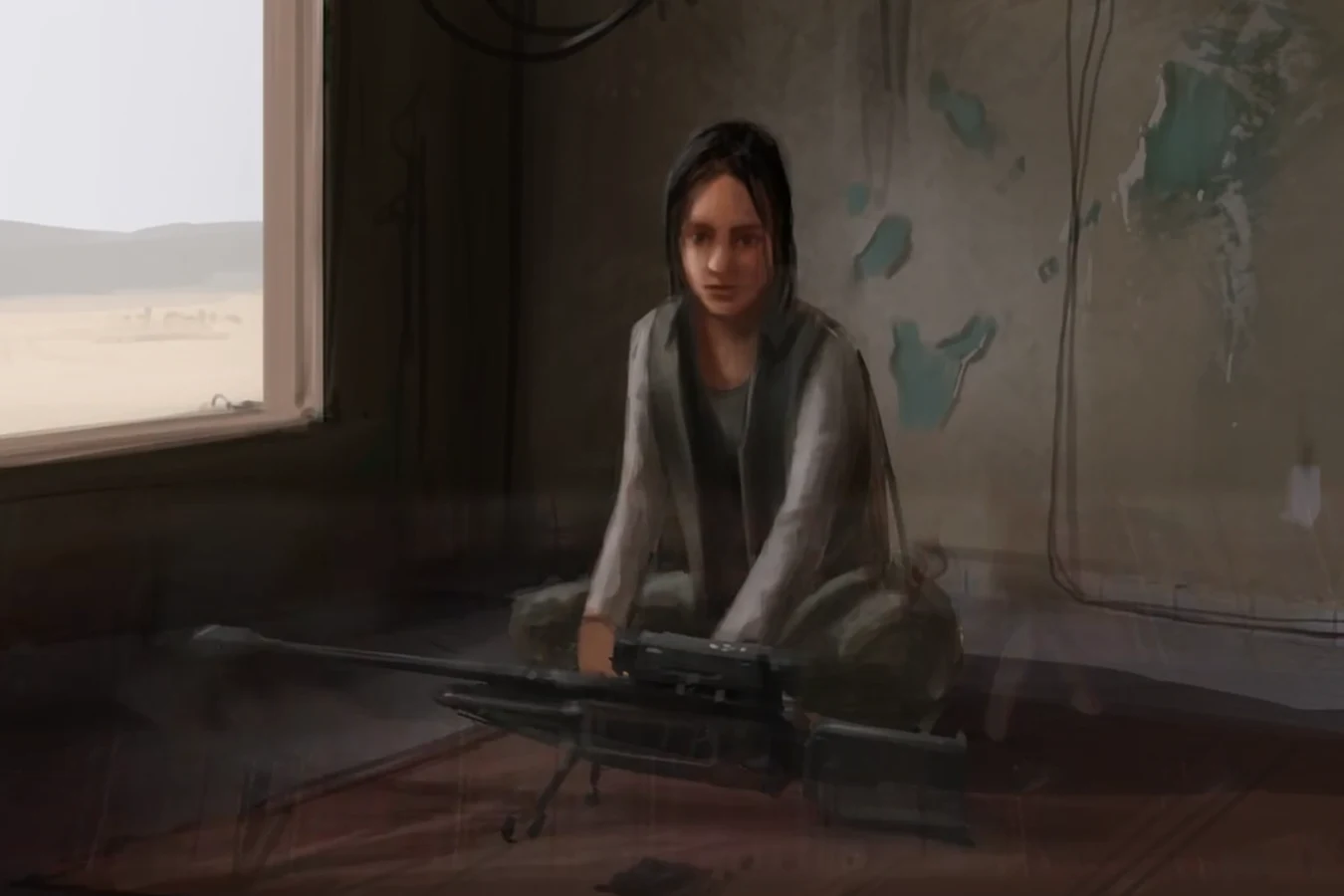 Isabelle kneeling on the floor of a bare room beside her sniper rifle, with desert visible through the window
