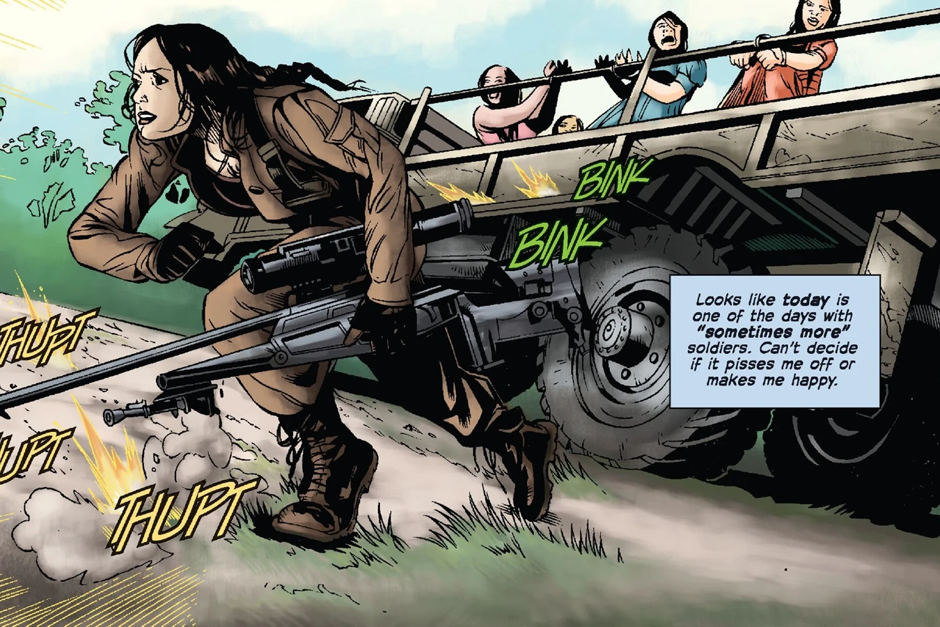 Isabelle running with her sniper rifle past a truck full of captive women as bullets strike the ground around her