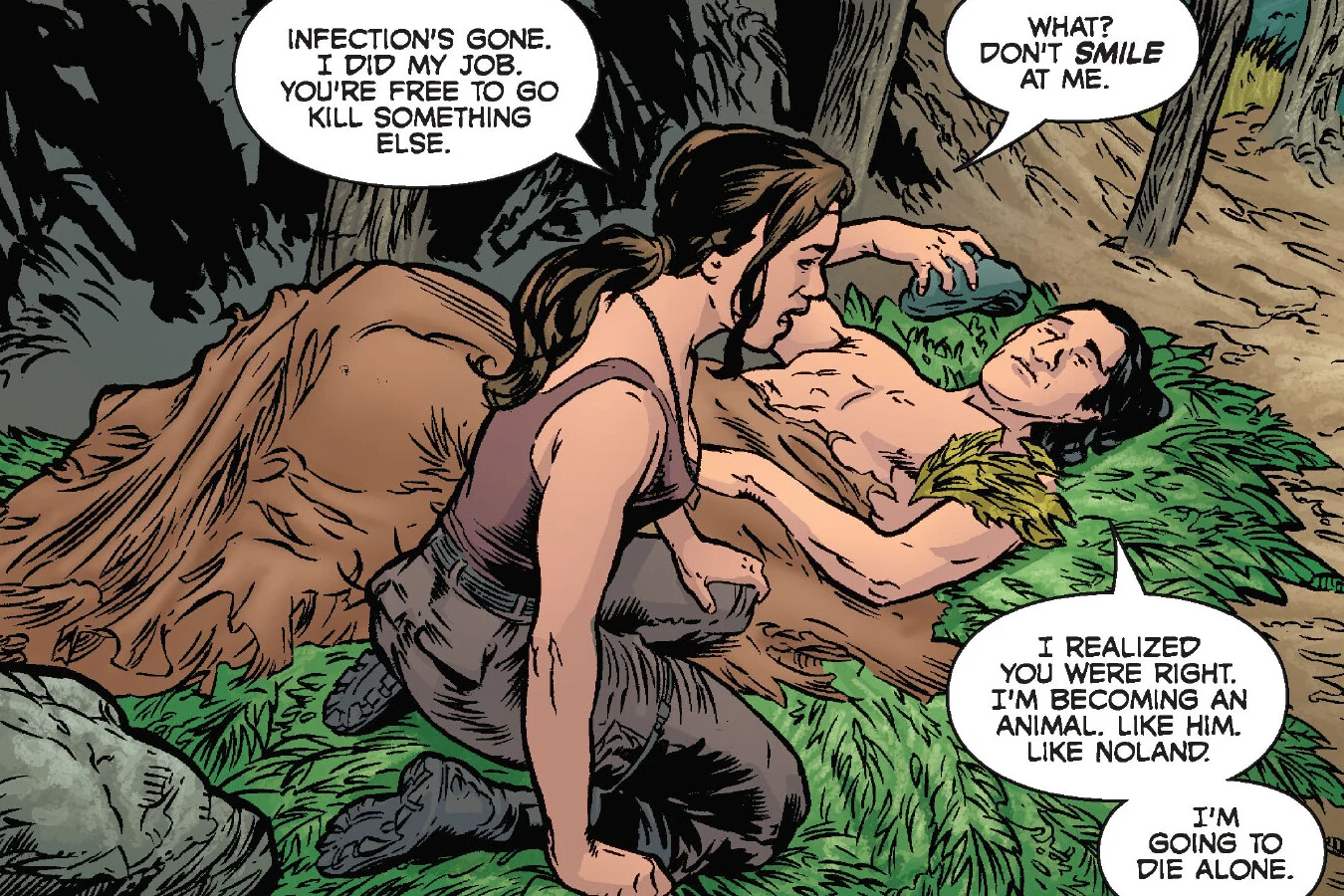 Comic art of Isabelle kneeling beside the wounded, shirtless Royce on a bed of leaves in the jungle