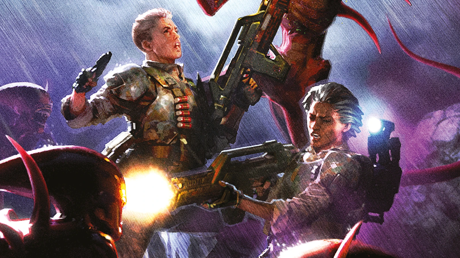 Jackals fighting rust-red Xenomorphs in the rain on Shānmén, from the Alien: Inferno's Fall cover