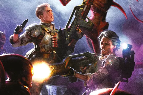 Jackals fighting rust-red Xenomorphs in the rain on Shānmén, from the Alien: Inferno's Fall cover
