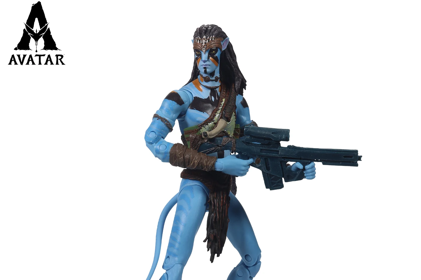 McFarlane 7-inch Jake Sully action figure with RDA rifle, war paint, and Avatar window-box branding