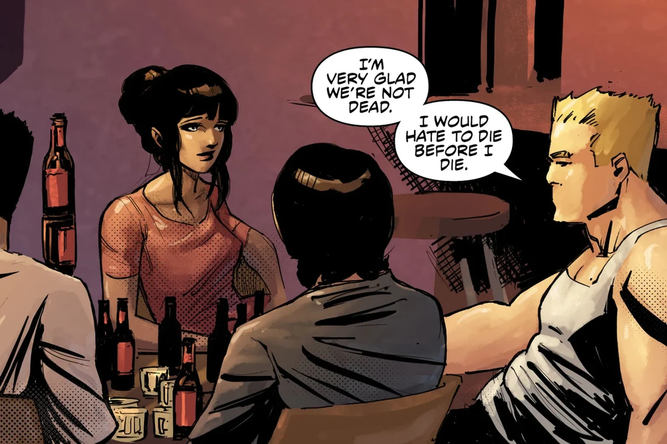Jaya Soames and the hunters gather at the bar in Belize for a final drink in Predator: Hunters III