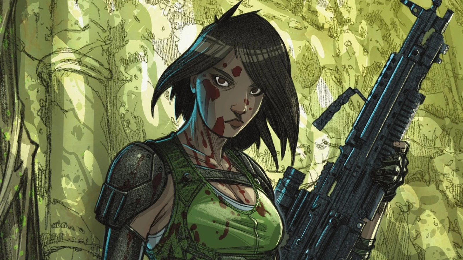 Blood-spattered Jaya Soames holds her rifle in the jungle after killing her first Predator in Predator: Hunters