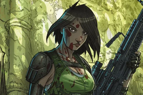 Blood-spattered Jaya Soames holds her rifle in the jungle after killing her first Predator in Predator: Hunters