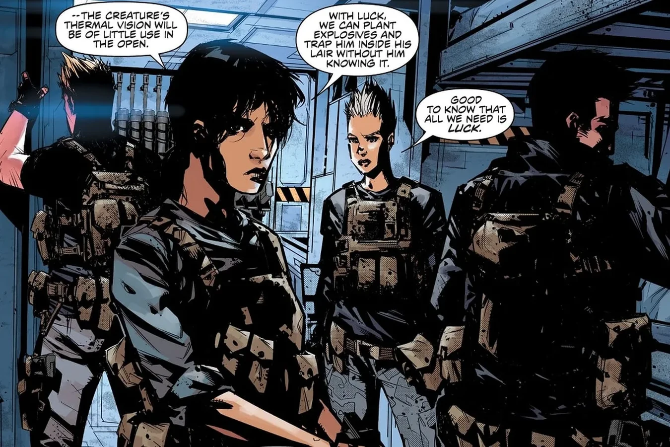 Jaya Soames briefs her hunters in tactical gear before they wire the Djinn Predator's lair in Predator: Hunters II