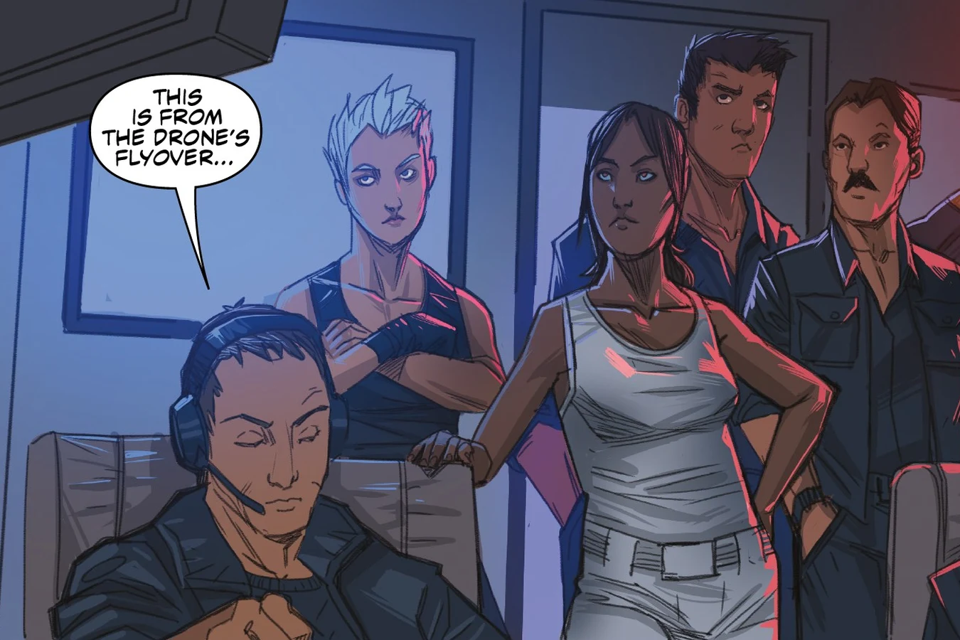 Jaya Soames and her team watch the drone footage of Kehua in the operations room of the Durga in Predator: Hunters