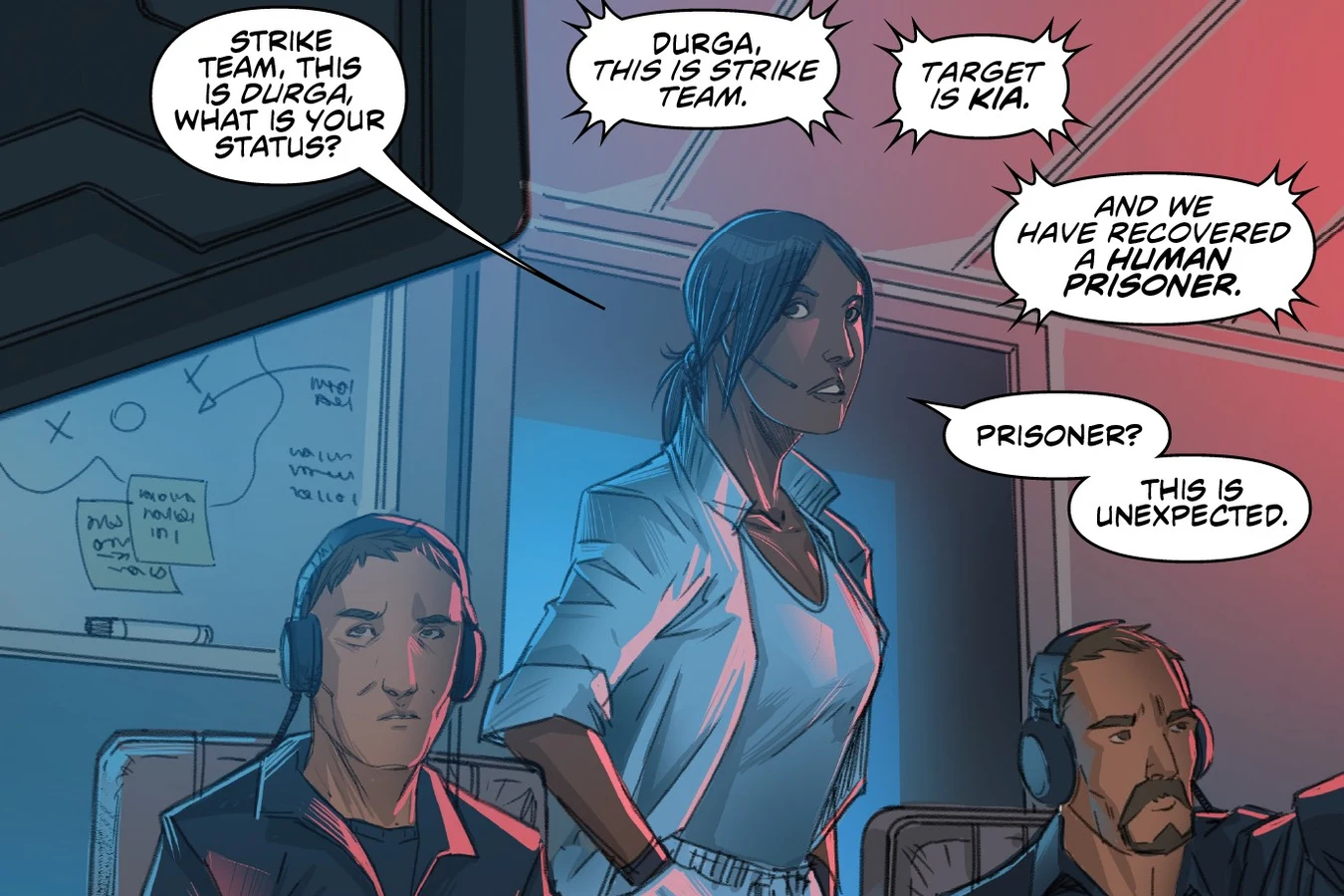 Jaya Soames commands the Kehua strike team by radio from the bridge of the Durga in Predator: Hunters