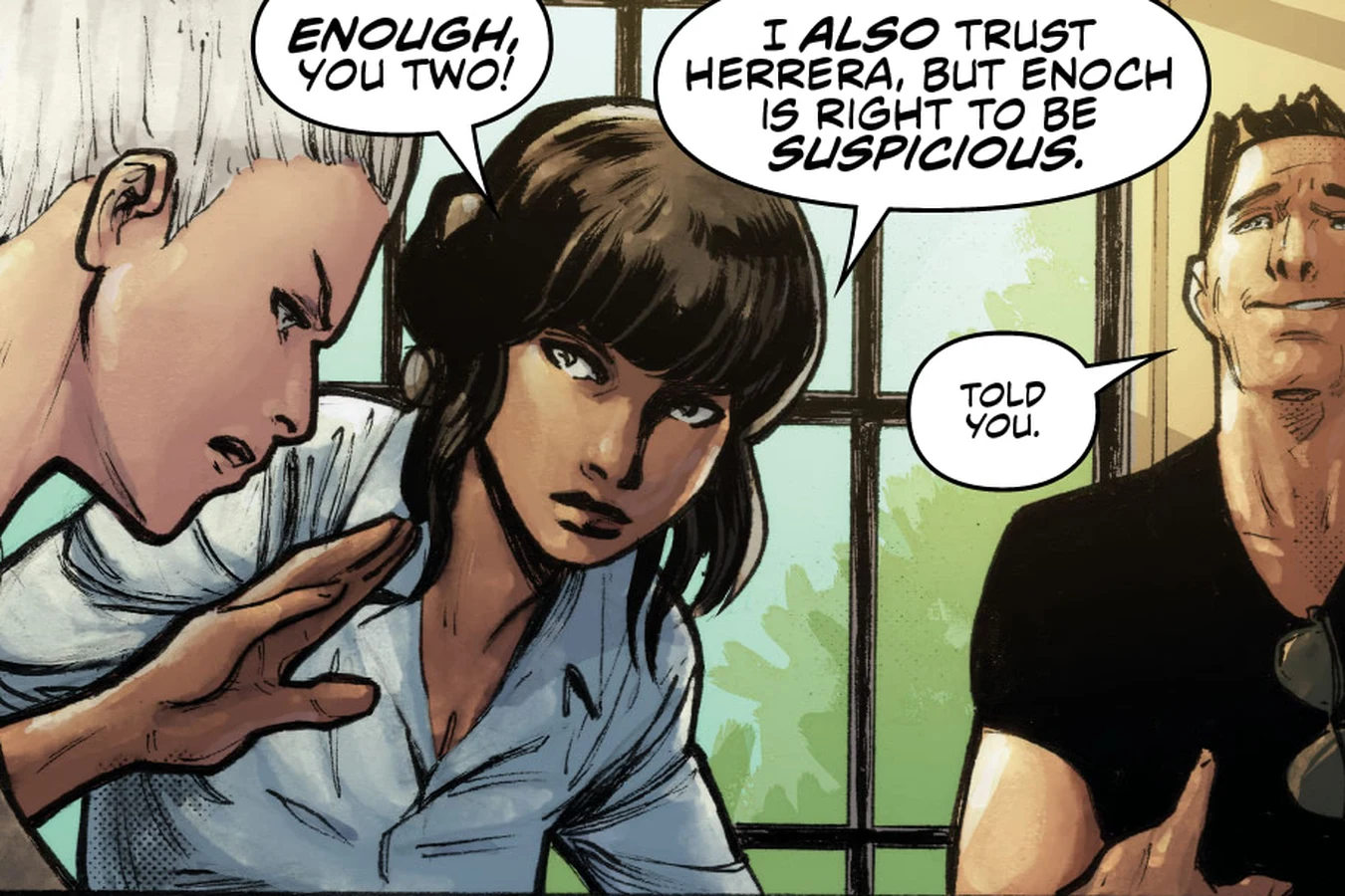 Jaya Soames stops Mandy Graves and Enoch Nakai from arguing about Herrera in her library in Predator: Hunters III