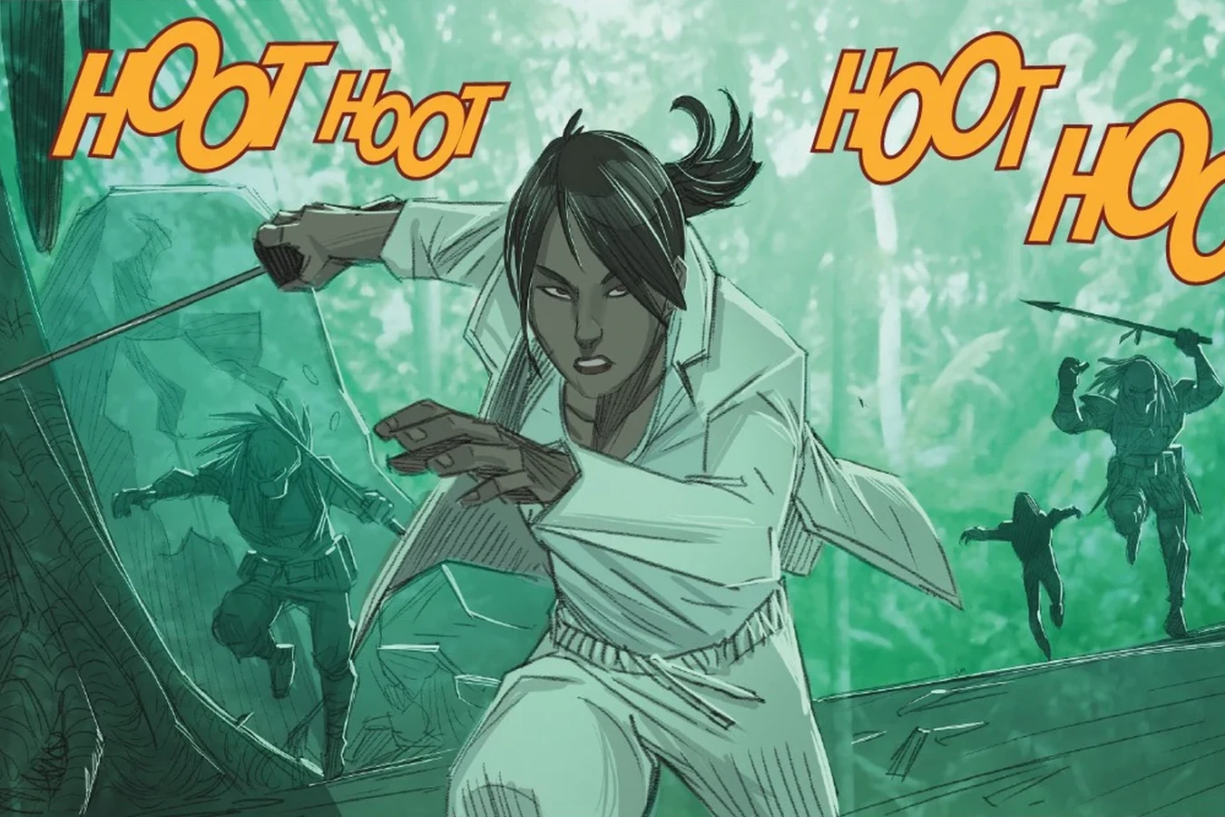 Jaya Soames runs through the jungle of Kehua with a machete as the colonists hunt her in Predator: Hunters